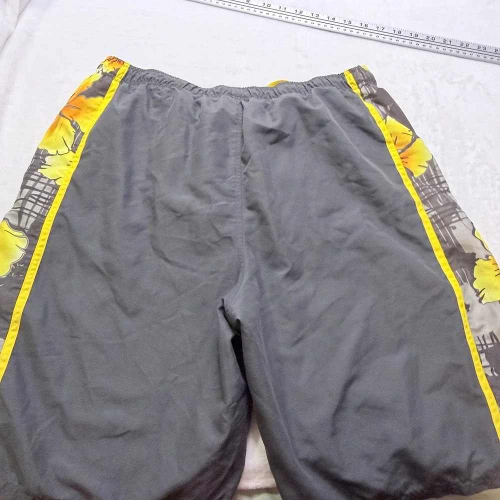 Nike Swim Board Shorts Floral Side Stripe Gray Yellow Mens Size L